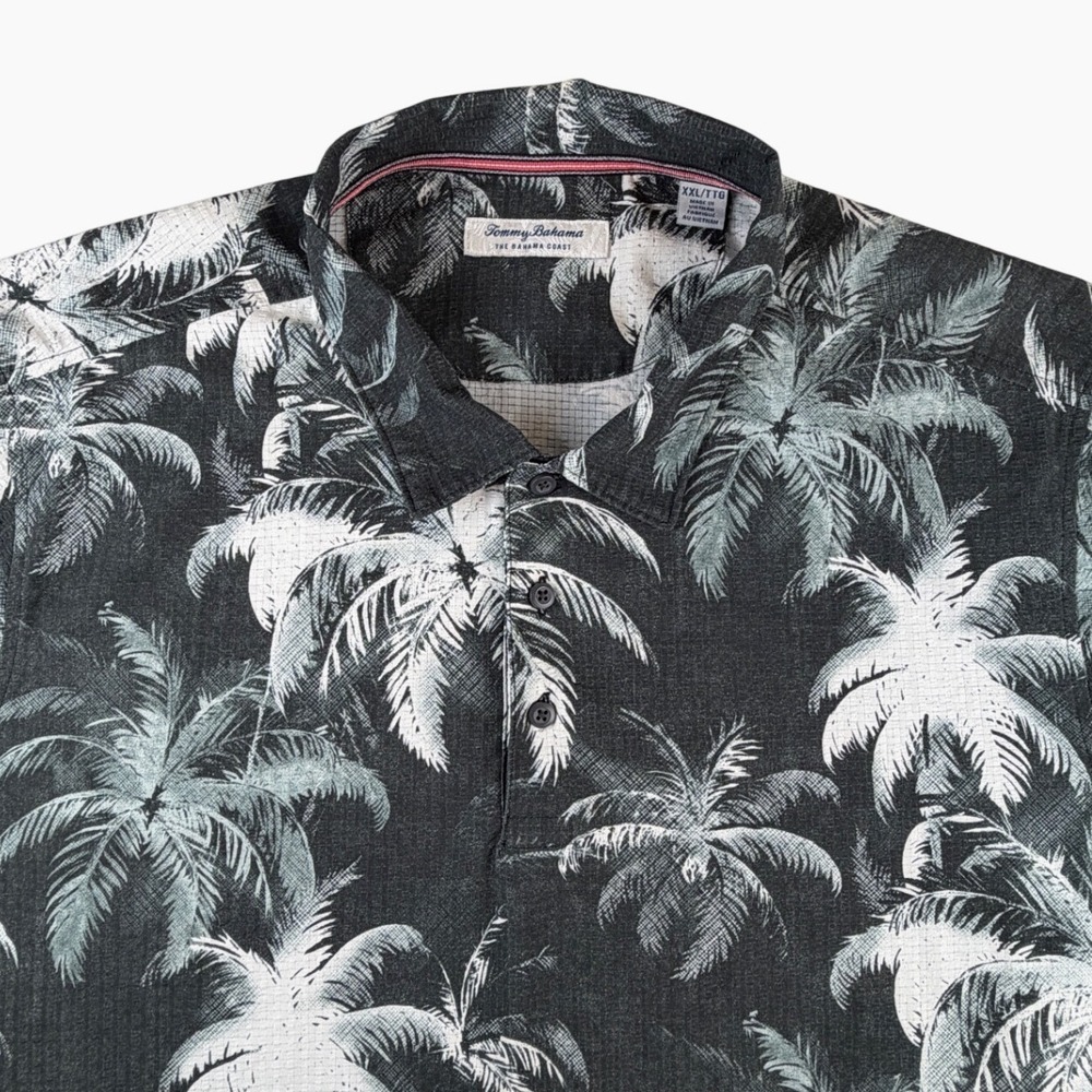 Tommy Bahama The Bahama Coast Mens XXL Black White Palm Tree Print Polo Shirt
